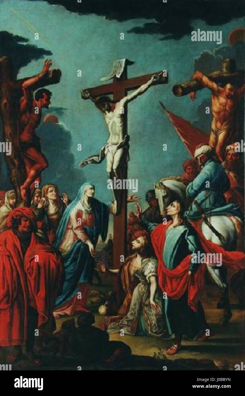 L’œuvre de Jan Antonín Vocsek-Hrosecký « Ctrn ct zastavení křížové cesty, XII zastavení » (14e station de la Croix) représente un moment charnière dans le récit chrétien. Cette pièce fait partie d’une série illustrant les stations de Croix, axée sur les thèmes religieux et la réflexion spirituelle. Banque D'Images