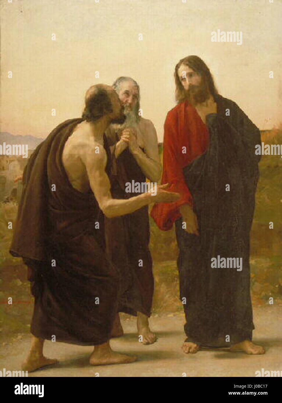 'Les pèlerins d'Emmaüs' représente deux pèlerins en voyage à Emmaus, une scène biblique clé de l'art chrétien, illustrant le moment où le Christ se révèle à ses disciples après sa résurrection. Banque D'Images