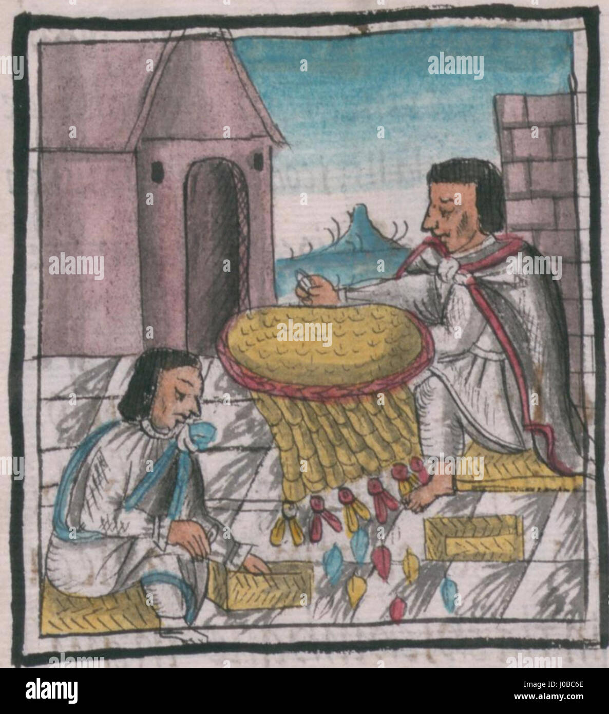 Le *Codex florentin*, Folio 61, représente l'artisanat traditionnel mésoaméricain de plumes pour boucliers, mettant en valeur les pratiques culturelles aztèques et les techniques artistiques. Banque D'Images