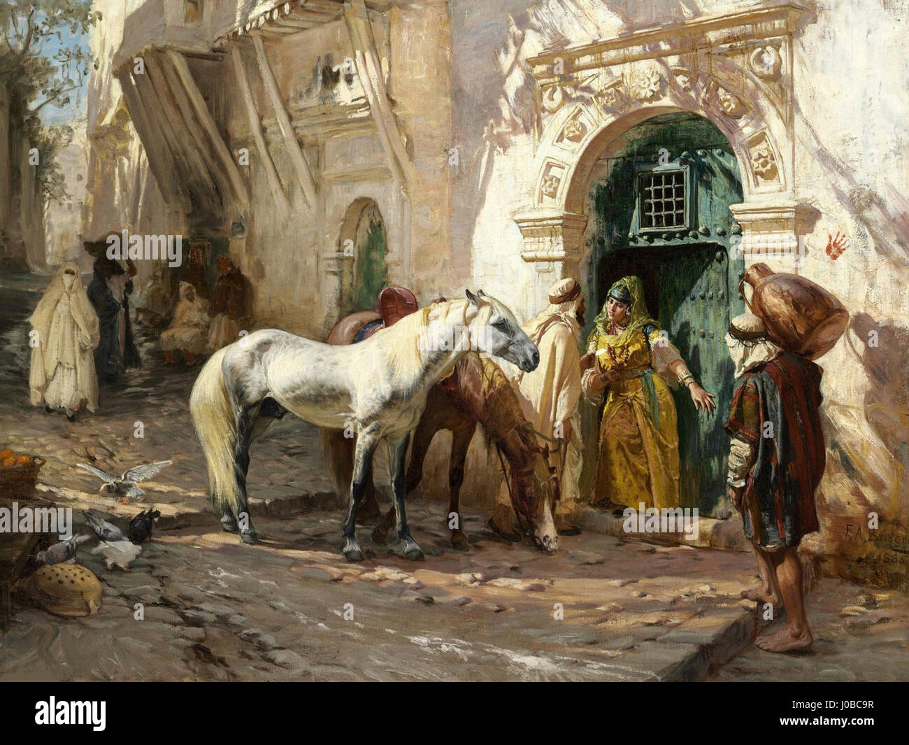 Ce titre fait référence à une œuvre de Frederick Arthur Bridgman, un artiste du XIXe siècle connu pour ses représentations de l'Orient et de l'Afrique du Nord. La peinture représente probablement une scène de ses voyages, mettant en valeur l'habileté de l'artiste à capturer des paysages exotiques et des scènes culturelles. Banque D'Images