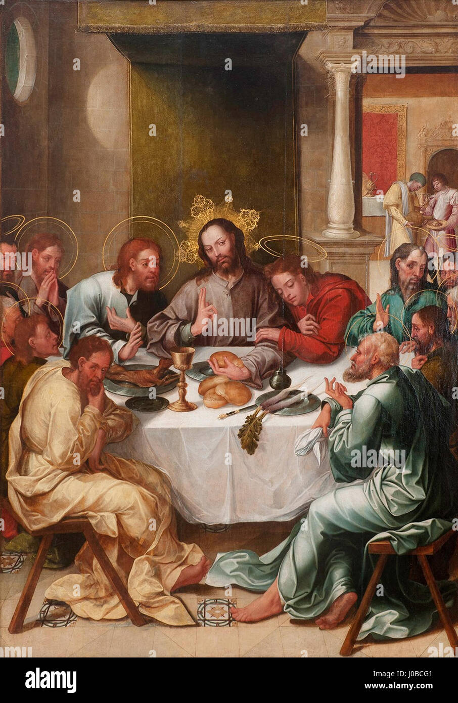 *Última CEIA* de Gregório Lopes (attrib.), situé dans la paroisse de São João Baptista à Tomar, représente la scène biblique de la Cène. La peinture capture le moment où Jésus partage son dernier repas avec ses disciples, un événement clé de la tradition chrétienne, peint dans le style de la Renaissance portugaise. Banque D'Images
