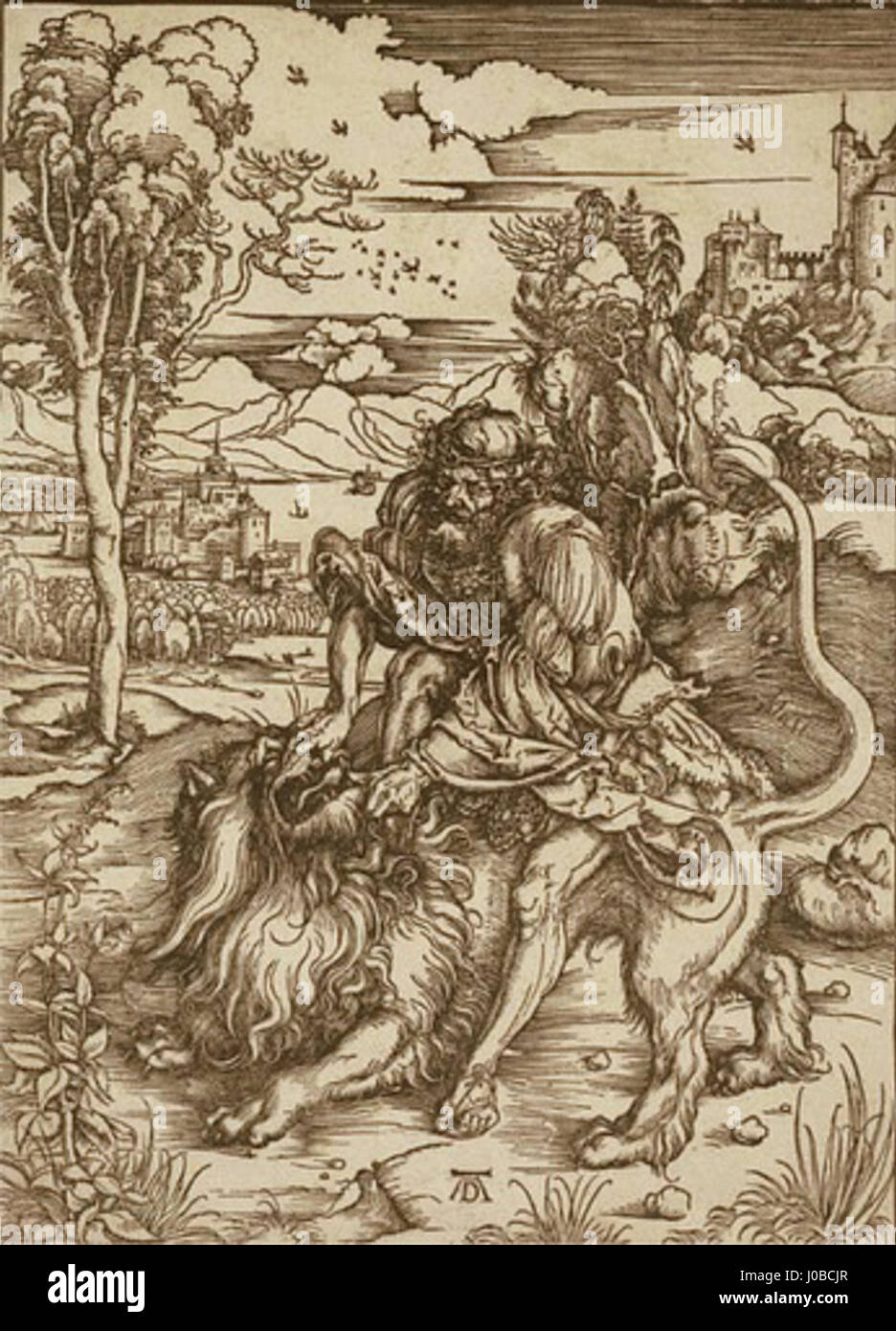 Sansão matando o leão d'Albrecht Dürer dépeint la scène biblique de Samson tuant un lion, démontrant la maîtrise de Dürer des détails complexes et de la composition dynamique dans cette gravure sur bois. Banque D'Images