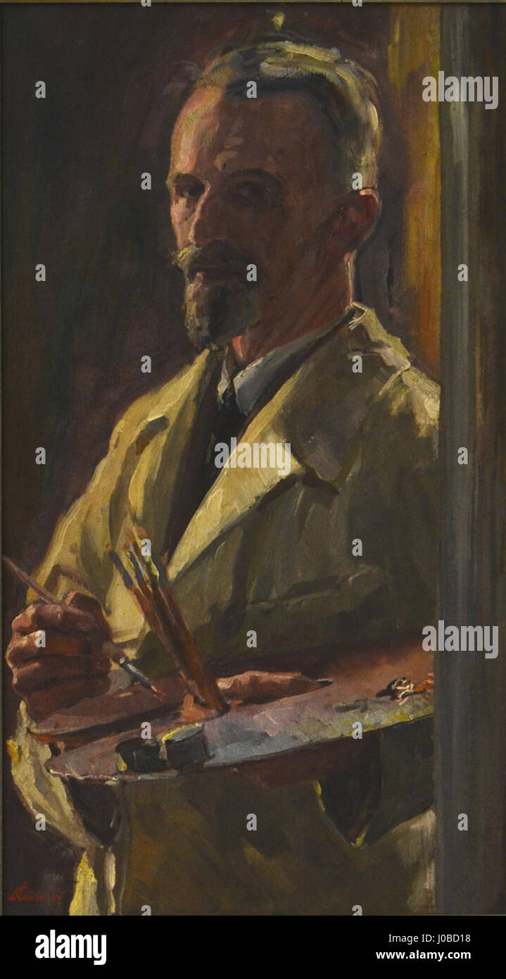 *Avtoportret* de Sasa Santel est un autoportrait capturant l’expression et le style de l’artiste. La peinture illustre l’approche de Santel en matière de portrait, en utilisant des lignes nettes et des contrastes profonds pour explorer l’identité personnelle et la forme humaine. Banque D'Images