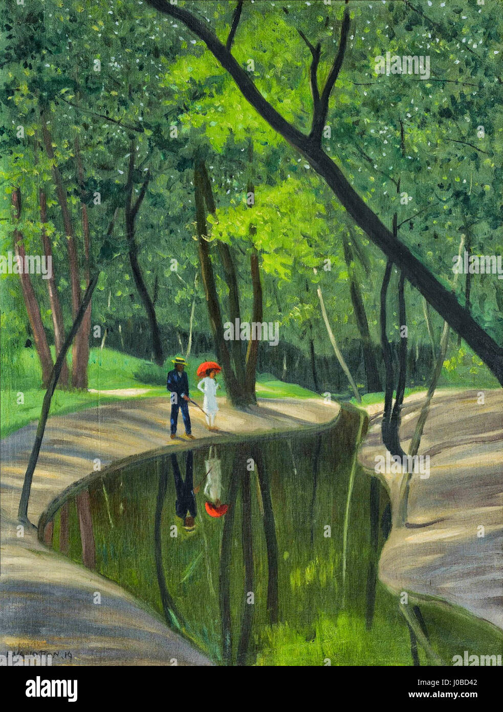 L'œuvre de 1919 de Félix Vallotton 'Forêt de Boulogne' dépeint le paysage serein et atmosphérique du bois de Boulogne à Paris. Connu pour son utilisation de contrastes de couleurs audacieux et de lignes nettes, Vallotton capture la tranquillité de la forêt avec une approche moderniste, reflétant sa vision unique de la nature. Banque D'Images