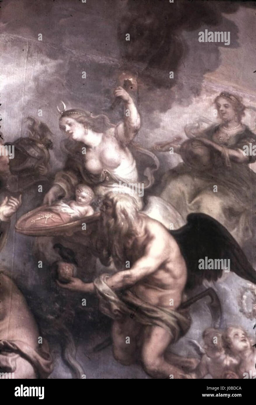 Allegorie auf die Erwerbung Magdeburgs de Theodor van Thulden (allégorie de l'acquisition de Magdebourg) est une peinture baroque mettant en vedette des figures allégoriques comme Luna et Père temps, symbolisant l'acquisition de Magdebourg par l'électeur de Brandebourg. La scène représente Luna et Père Time présentant le fils de l’électeur, Markgraf Ludwig. Banque D'Images