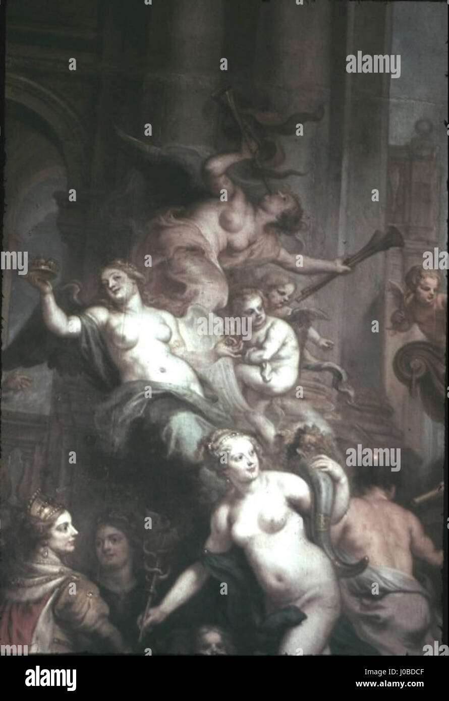 La peinture allégorique de Theodor van Thulden 'Allegorie auf die Erwerbung Magdeburgs' dépeint l'acquisition de Magdebourg, avec des figures féminines personnifiant la renommée, mettant en valeur le style baroque du XVIIe siècle et l'importance politique de l'événement. Banque D'Images