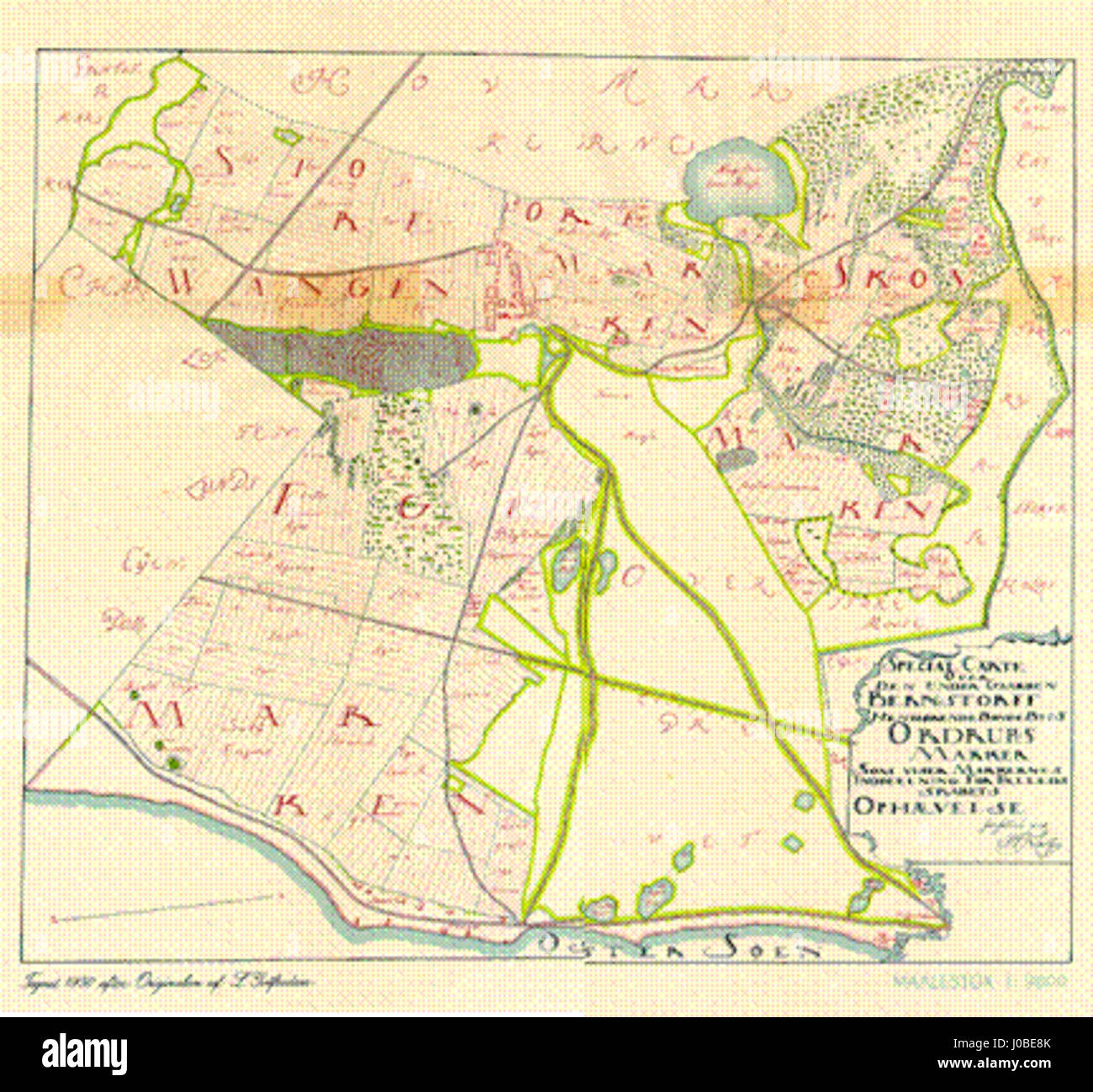 Cette carte intitulée « Special carte Over Den under Gaarden Bernstorff Henhørende Bondebyes Ordrups Marker » représente les terres et les villages près de Bernstorff, au Danemark, détaillant la géographie rurale et l'aménagement des colonies d'un point de vue historique. Banque D'Images