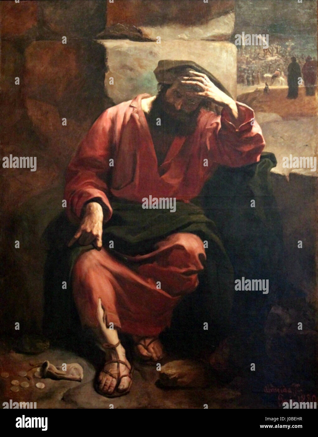 Remorso de Judas d'Almeida Júnior de 1880 représente une scène de conflit émotionnel profond, dépeignant Judas Iscariote dans un moment de remords et de lutte interne après avoir trahi le Christ, capturé avec un réalisme intense. Banque D'Images