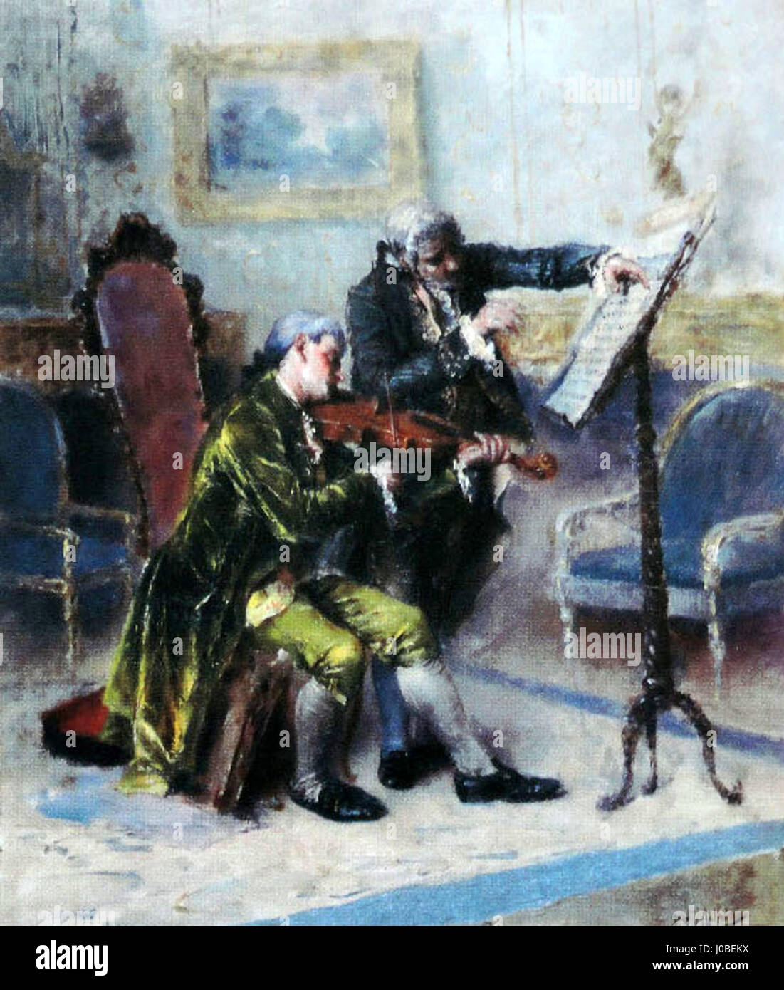 « Um compasso difícil » de José Malhoa (mesure difficile) représente une leçon de violon dans un cadre intime, en se concentrant sur l’interaction entre le professeur et l’élève, avec un accent sur les mouvements délicats du violon et de l’arc. Banque D'Images