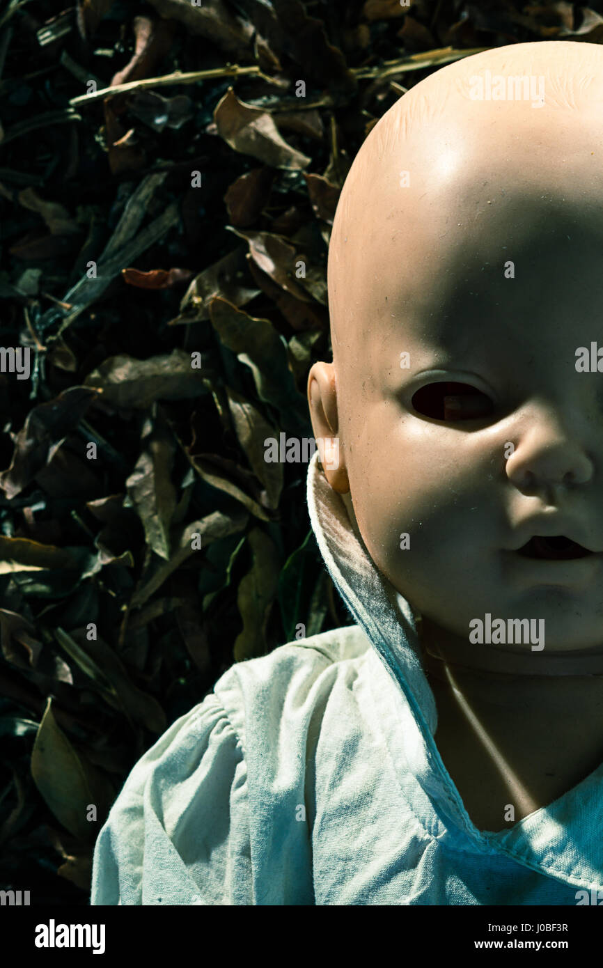 Creepy photo d'une poupée abandonnée sur sombre des feuilles sèches. Copie espace idéal pour la couverture d'un livre Banque D'Images