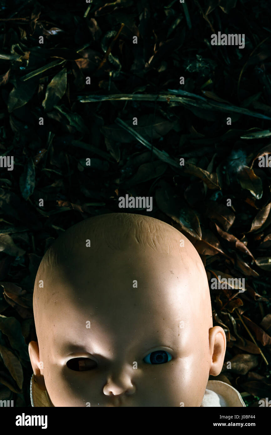 Creepy photo d'une poupée abandonnée sur sombre des feuilles sèches. Copie espace idéal pour la couverture d'un livre Banque D'Images