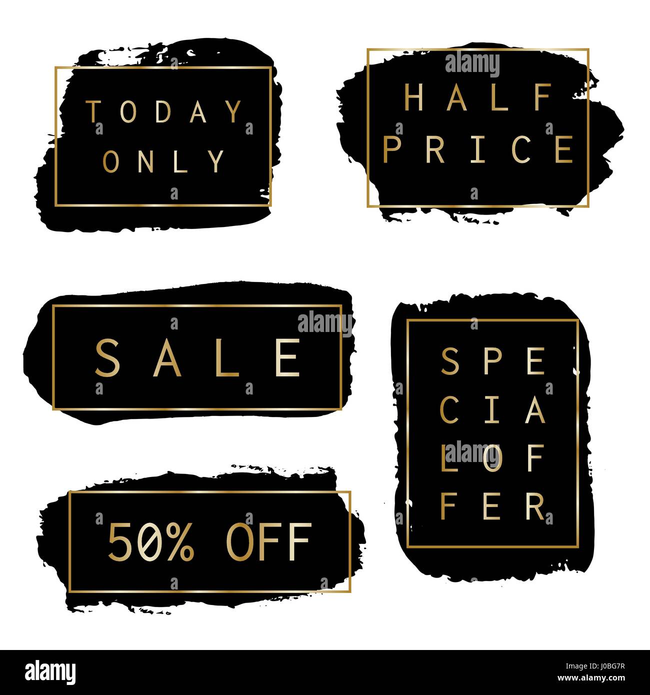 Un ensemble de noir à la main avec des bannières vente cadres dorés et texte, isolé sur fond blanc. Illustration de Vecteur