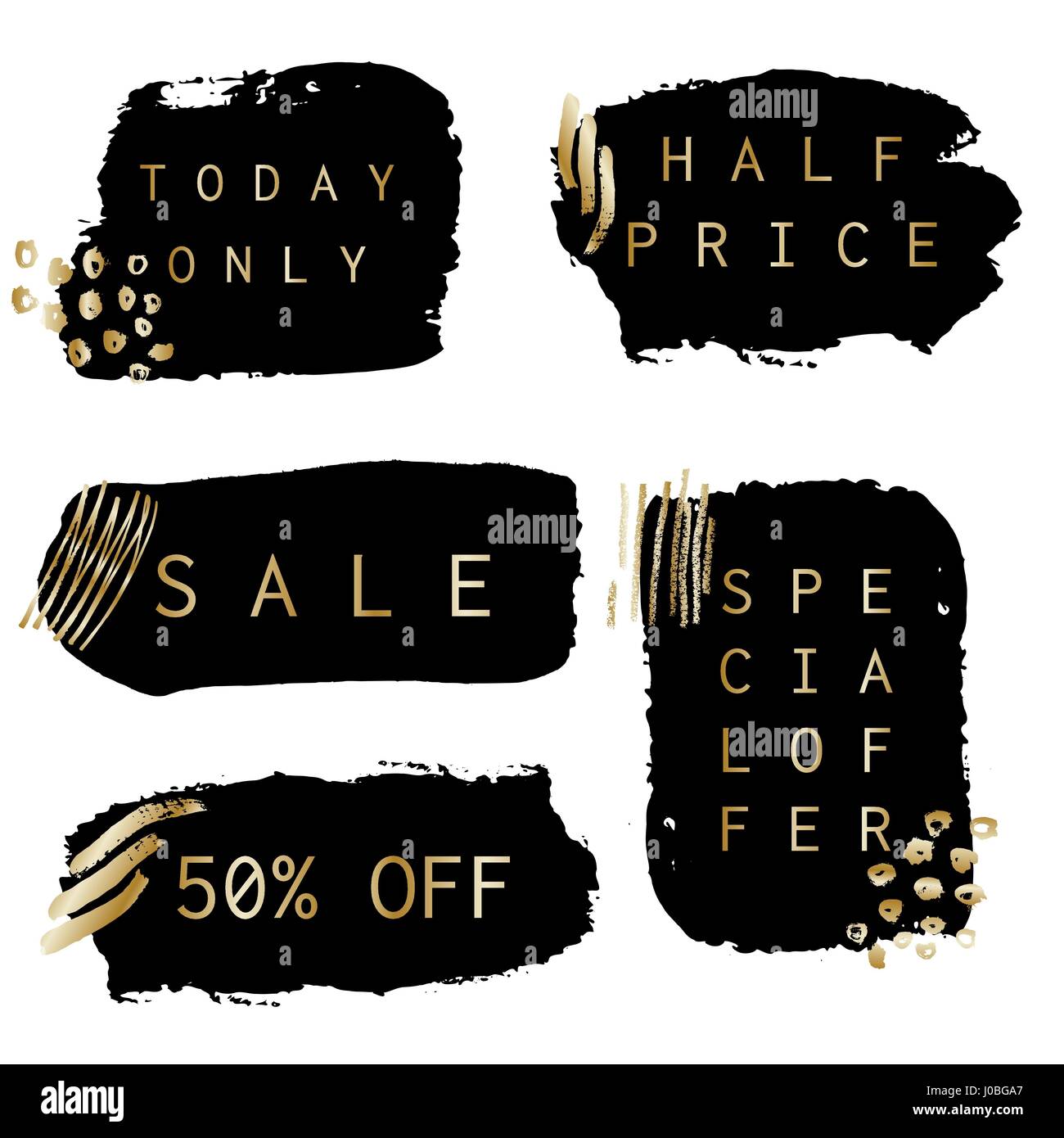 Un ensemble de noir à la main vente des bannières avec des cadres d'or fin, de la décoration et du texte, isolé sur fond blanc. Illustration de Vecteur