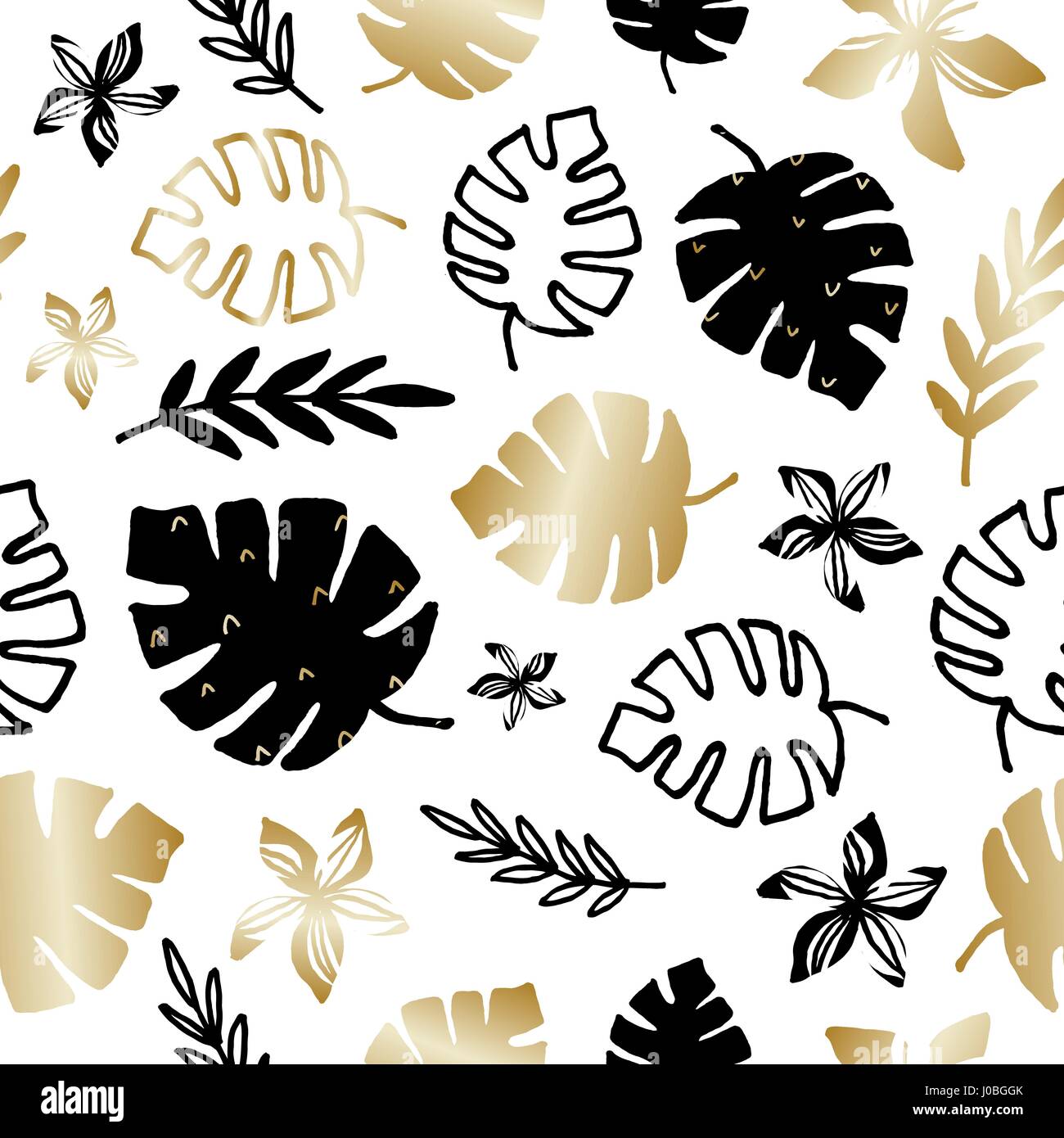 Schéma de répétition sans couture à la main avec des feuilles tropicales dans l'or et noir sur fond blanc. Illustration de Vecteur