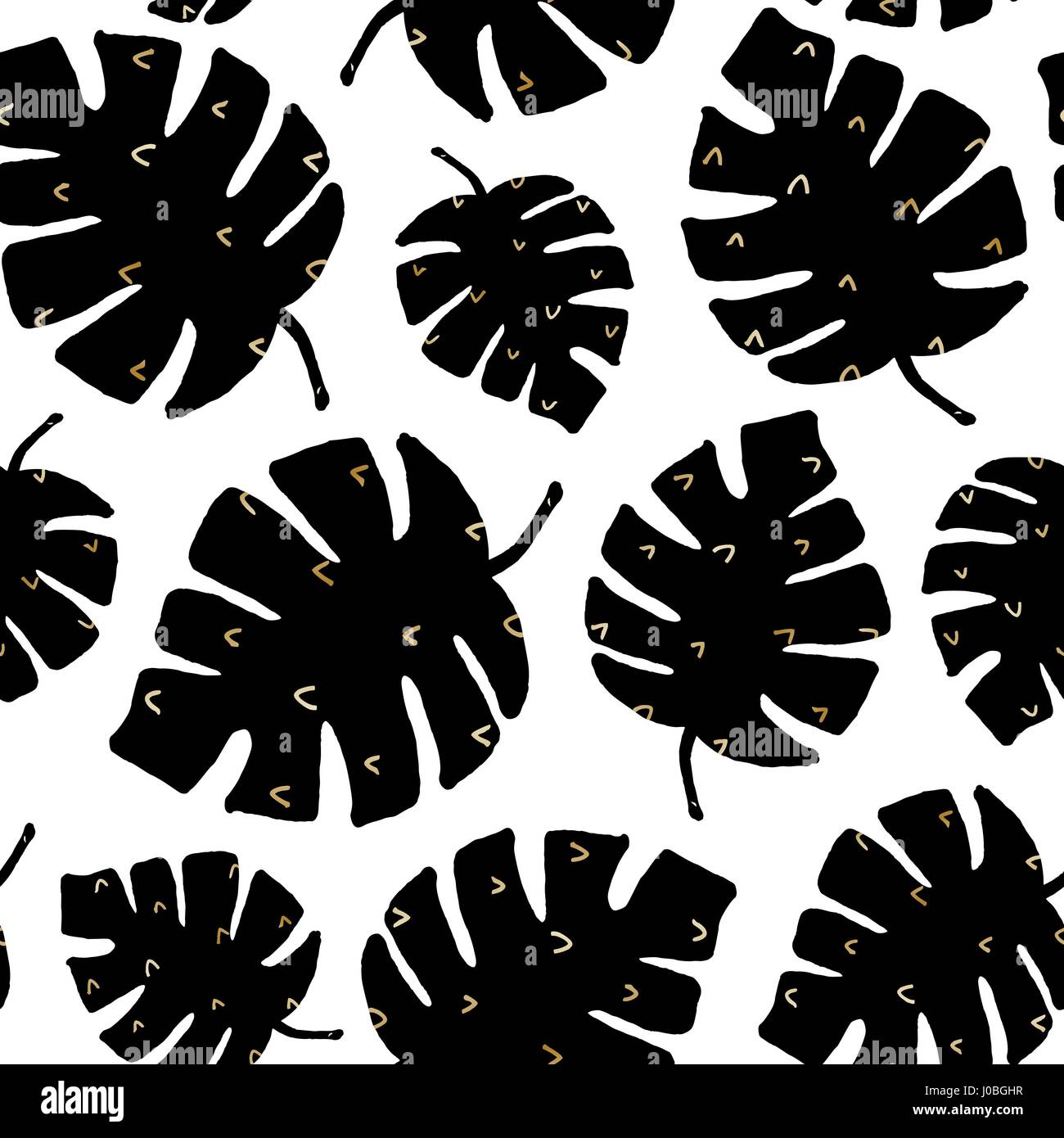 Schéma de répétition sans couture à la main avec des feuilles tropicales dans l'or et noir sur fond blanc. Illustration de Vecteur