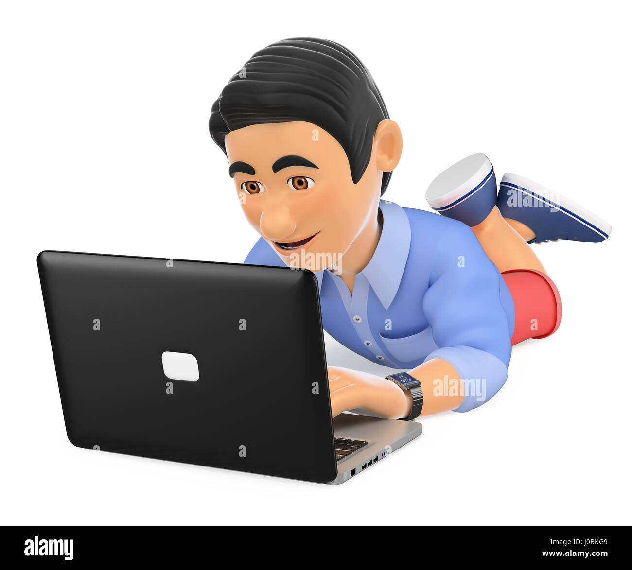 Jeunes 3d illustration. Jeune homme en short couché avec un ordinateur portable. isolé sur fond blanc. Banque D'Images