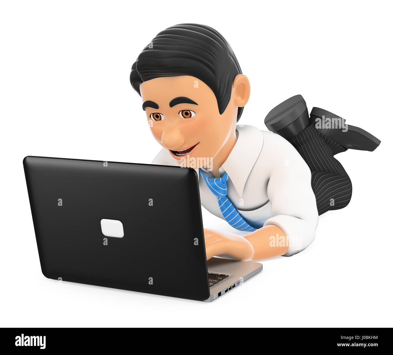 Les gens d'affaires 3d illustration. Businessman couché avec un ordinateur portable. Isolé sur fond blanc. Banque D'Images