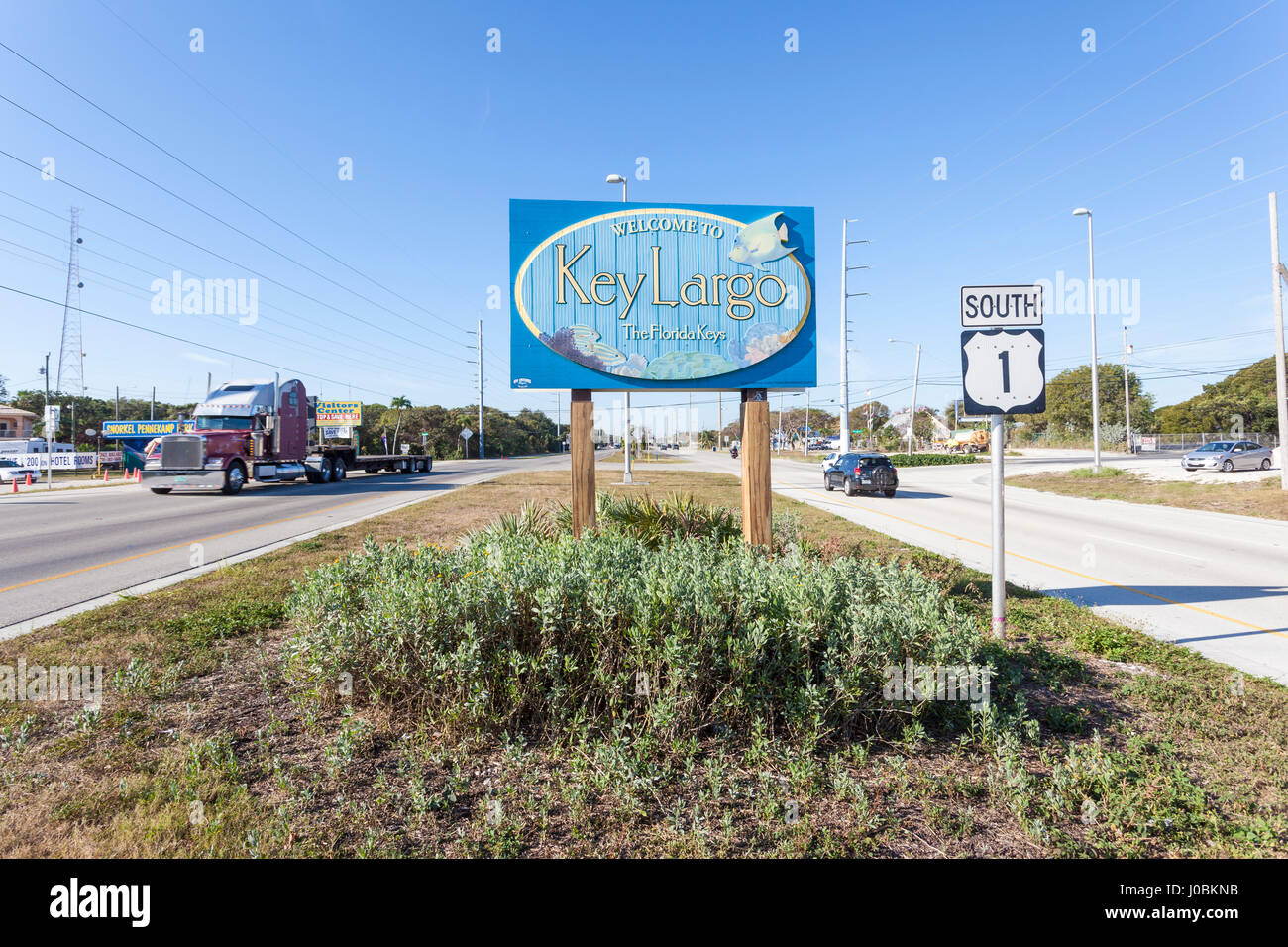Key Largo, FL, USA - Le 16 mars 2017 : Bienvenue à Key Largo signe à l'autoroute numéro 1 en Floride, États-Unis Banque D'Images
