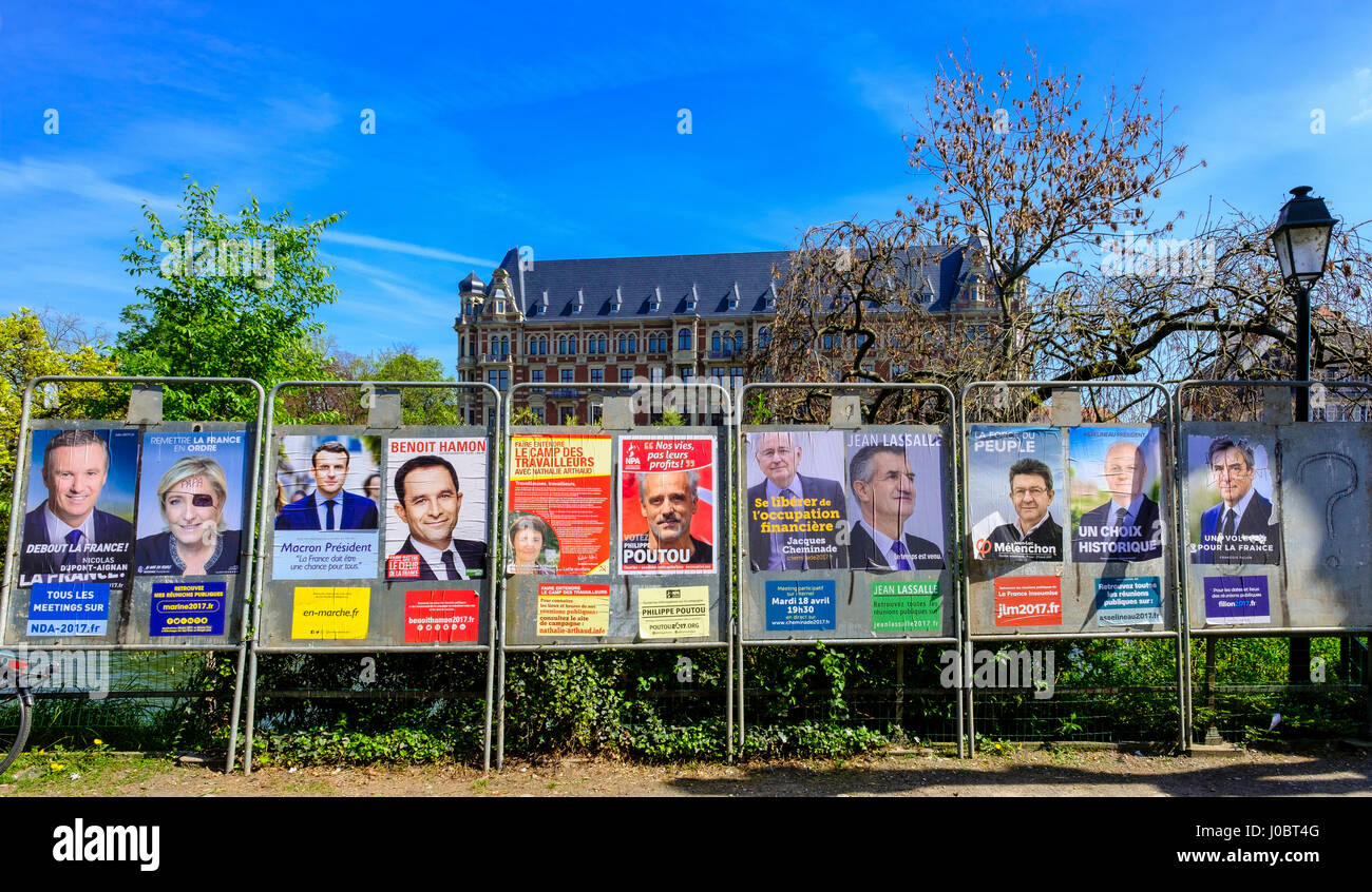 Strasbourg, les affiches des 11 candidats l'élection présidentielle française de 2017, premier tour de scrutin, le avril 2017, Alsace, France, Europe, Banque D'Images