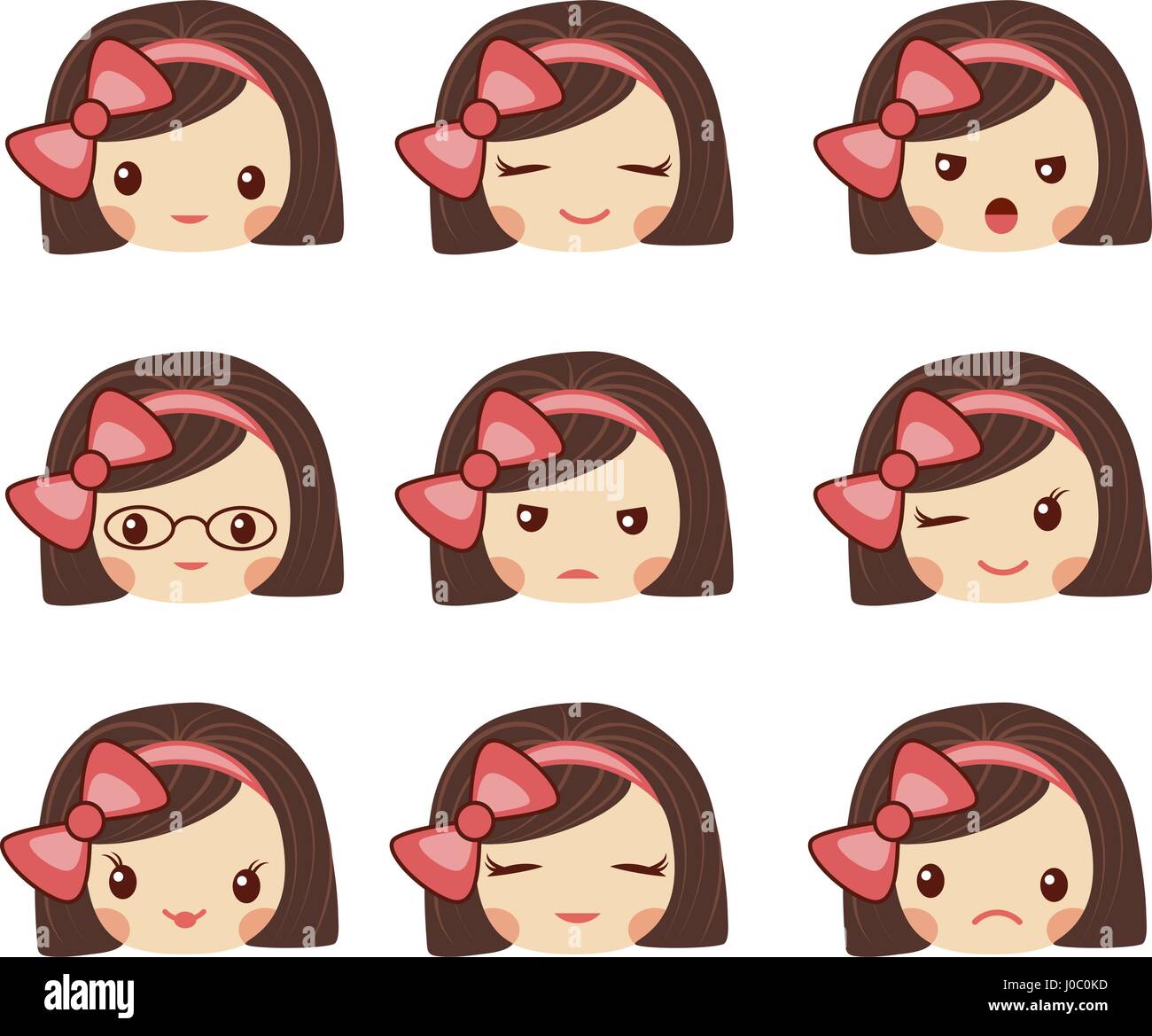 Cute girl face avec arc rouge montrant les différentes émotions vector illustration. Vector set d'emoji et des émoticônes. Illustration de Vecteur