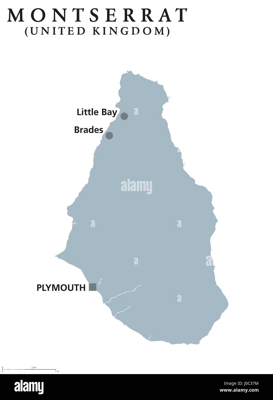 Carte politique de Montserrat avec capitale Plymouth. L'île des Caraïbes dans les îles sous le vent et une partie de Petites Antilles. Territoire britannique d'outre-mer. Banque D'Images