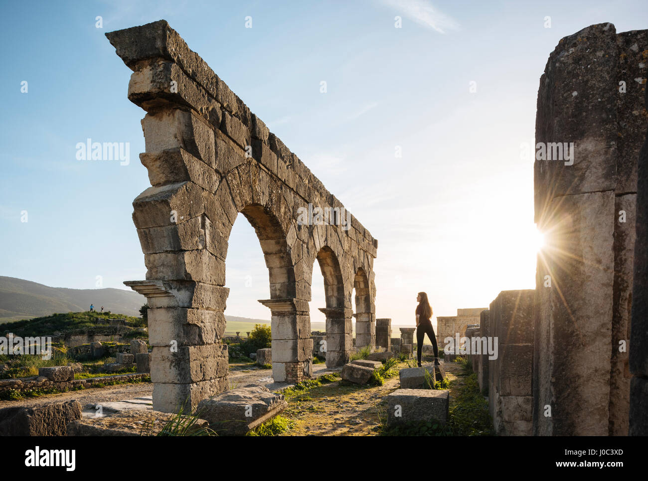 Ruines romaines de Volubilis, Meknès, Maroc, Afrique du Nord Banque D'Images
