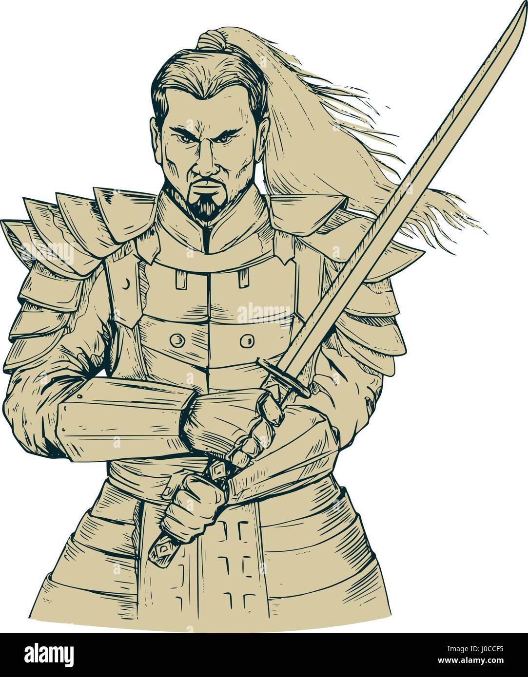 Style croquis dessin illustration d'un Samurai Warrior holding katana Épée dans une position d'épé vue de l'avant ensemble isolées sur fond blanc. Illustration de Vecteur