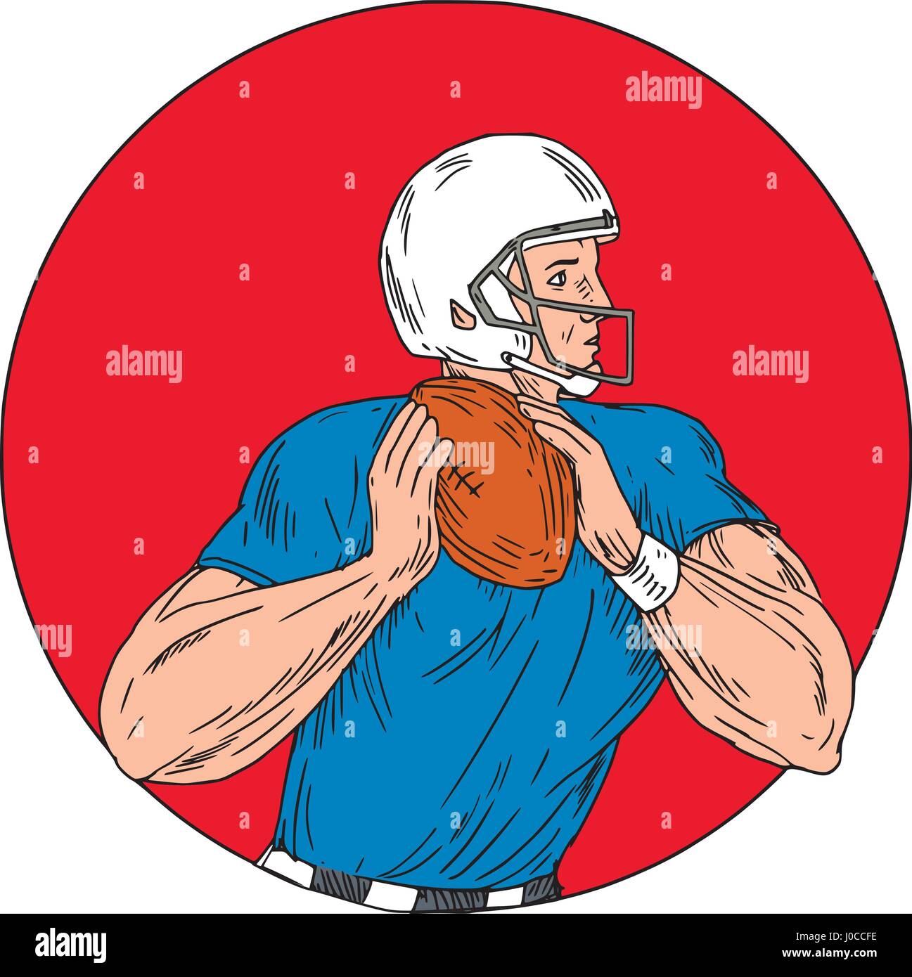 Style croquis dessin illustration d'un quarterback de football américain gridiron player holding ball prêt à jeter ball vu du côté situé à l'intérieur Illustration de Vecteur