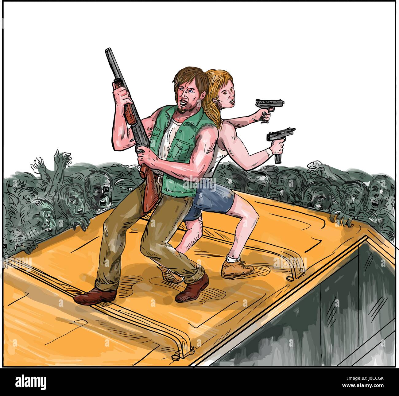 Illustration de style aquarelle d'un homme et femme sur le dessus d'un van avec retour contre chaque autre holding gun rifle la lutte contre les zombies. Illustration de Vecteur