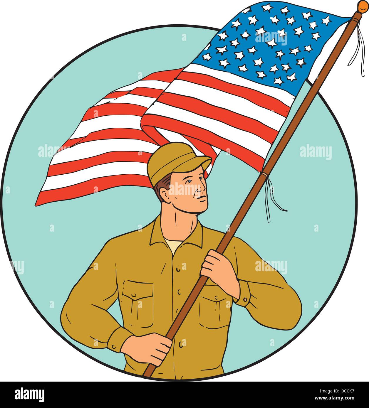 Croquis dessin illustration de style militaire, un soldat américain forme holding usa flag à la recherche sur le côté situé à l'intérieur du cercle sur isolated backgrou Illustration de Vecteur