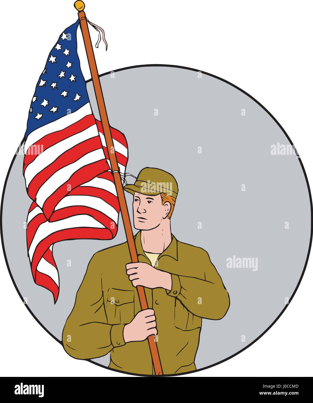 Croquis dessin illustration de style militaire, un soldat américain à la recherche sur le côté holding usa flag avec mât sur l'épaule situé à l'intérieur du cercle sur est Illustration de Vecteur