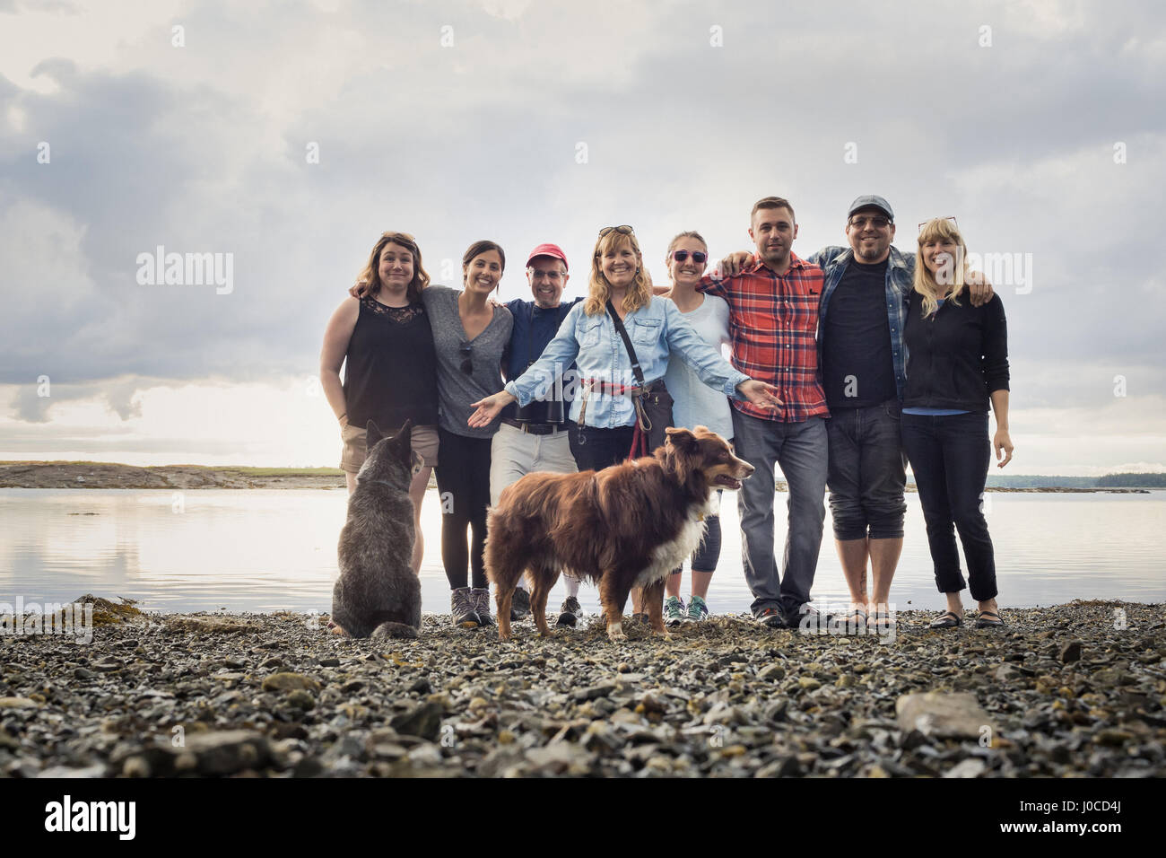 Portrait de famille et les chiens adultes à shingle beach, Maine, USA Banque D'Images