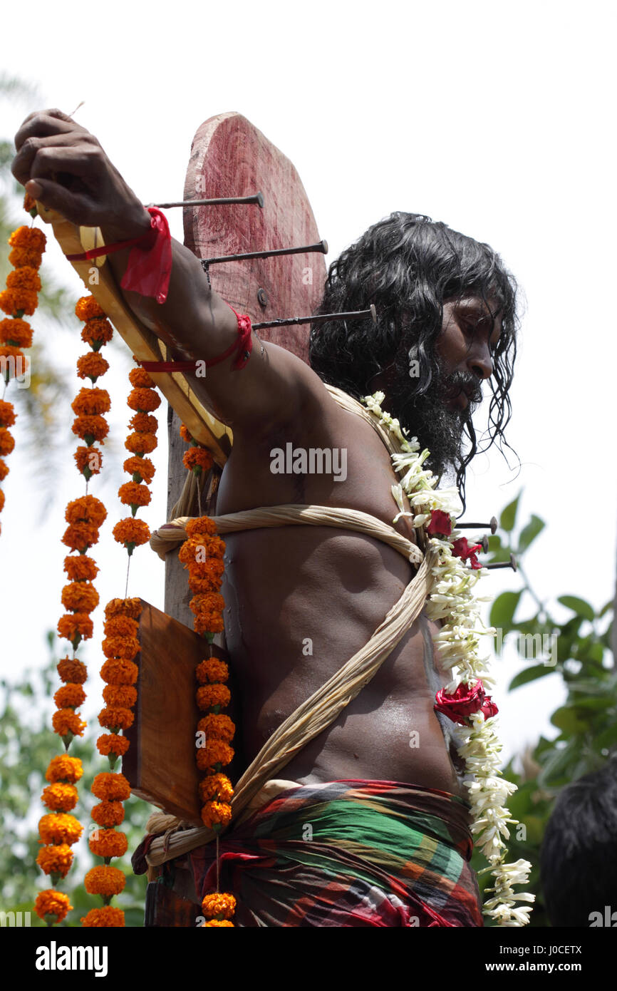 Dévot cloué à la croix, homme percé, festival Gajan, festival Shivagajan, festival hindou, Bengale occidental, Inde, Asie, festivals indiens, festivals asiatiques Banque D'Images Dévot cloué à la croix, homme percé, festival Gajan, festival Shivagajan, festival hindou, Bengale occidental, Inde, Asie, festivals indiens, festivals asiatiques Banque D'Images