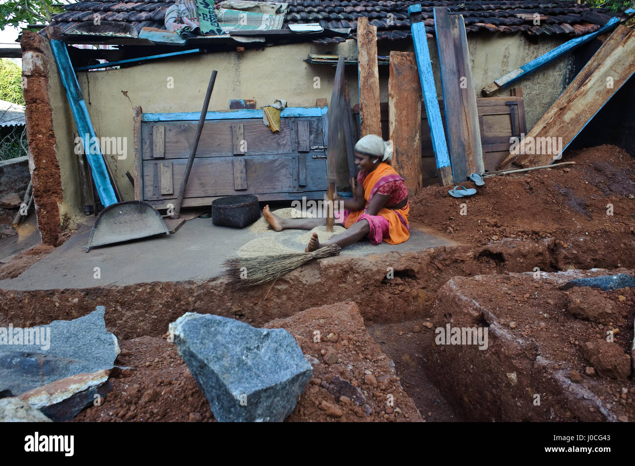 Fille du riz au martèlement Tribal accueil ( Inde) Elle appartient à la tribu Gadaba. Banque D'Images