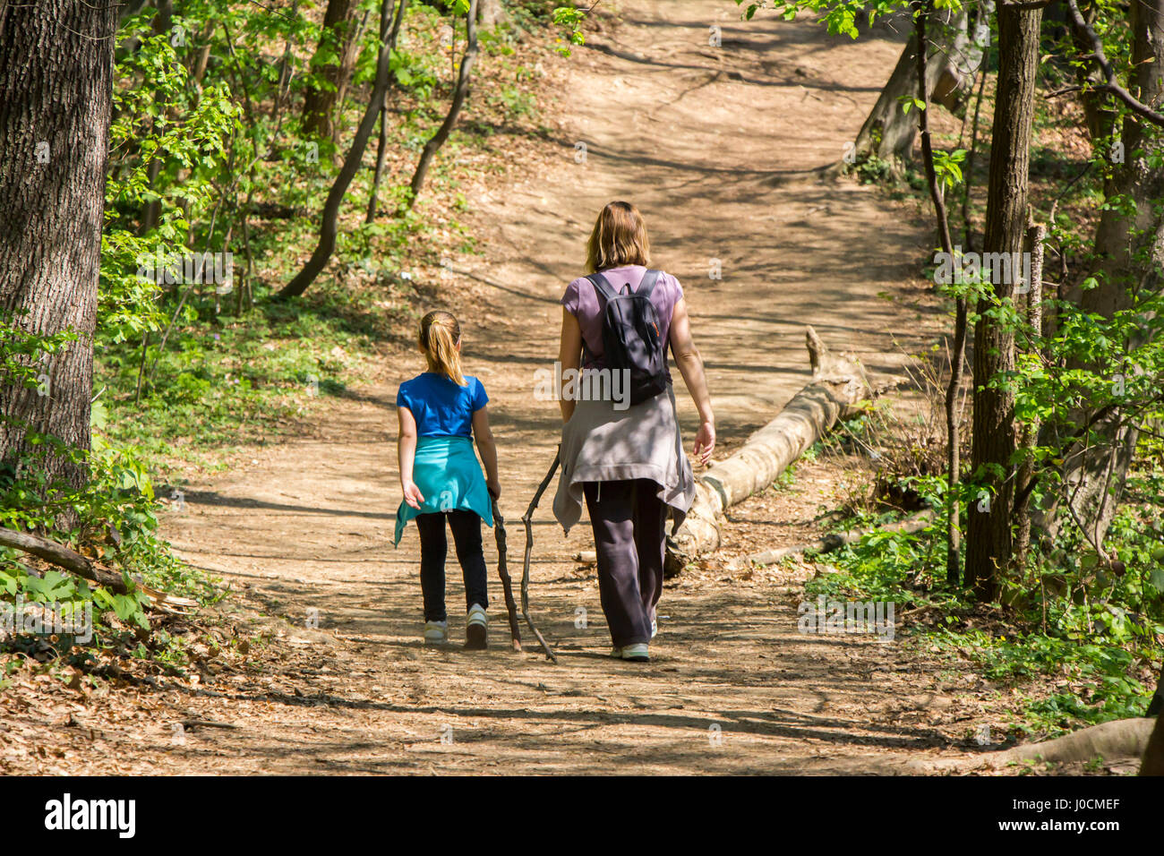 Mère et fille marcher dans la forêt au printemps Banque D'Images