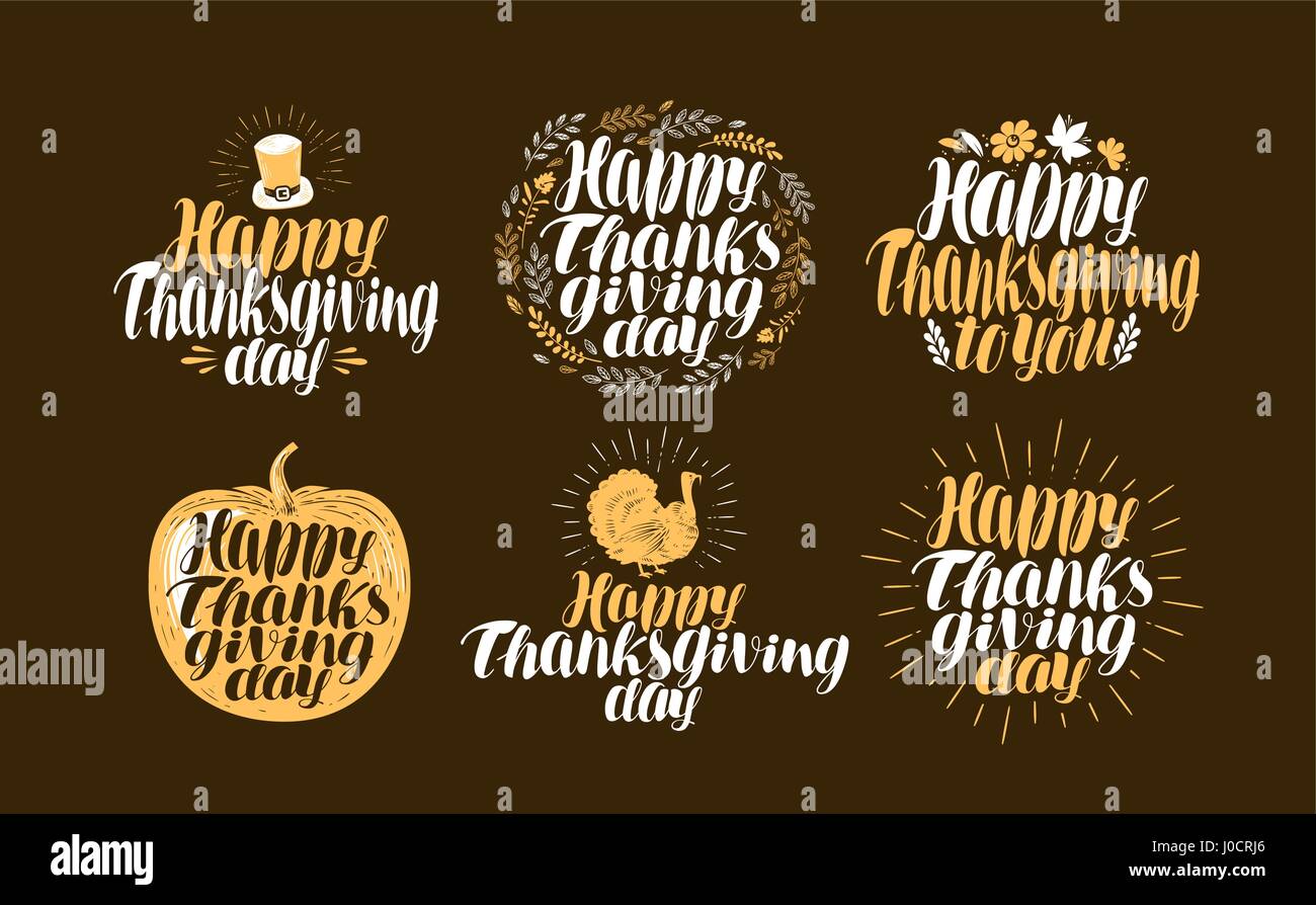 Joyeux Thanksgiving, jeu d'étiquettes. Maison de logo, symbole. Belles lettres manuscrites Illustration de Vecteur