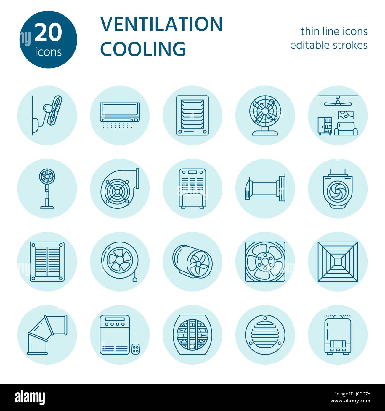 Ligne de matériel de ventilation d'icônes. Climatisation, dispositifs de refroidissement, ventilateur d'évacuation. Ménage et ventilateur industriel linéaire minces panneaux pour store. Illustration de Vecteur