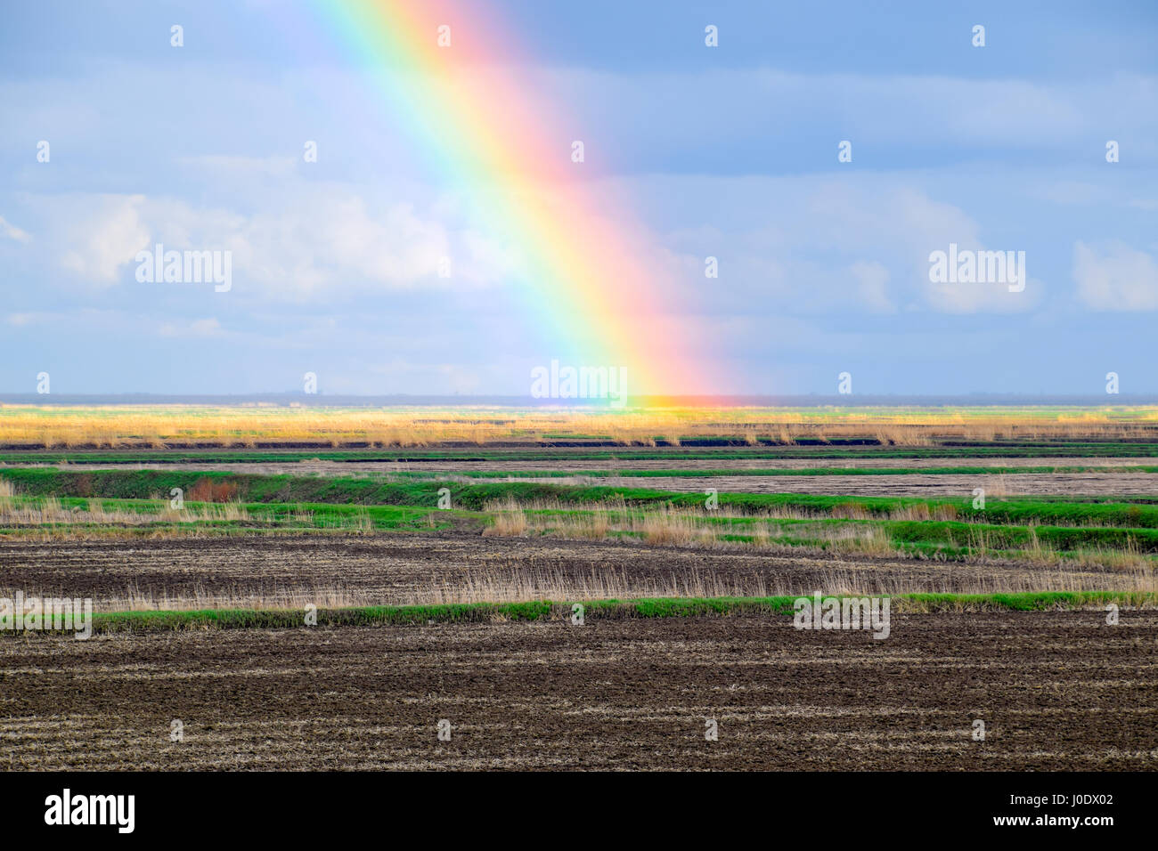 Arc-en-ciel, une vue sur le paysage dans le domaine. Formation de l'arc en ciel après la pluie. La réfraction de la lumière et de l'expansion en termes de spectres. Banque D'Images