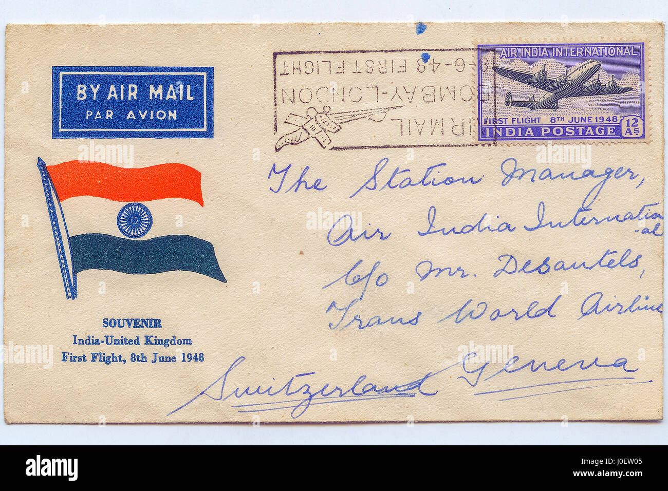 Enveloppe premier jour du premier vol d'Air India en provenance de l'Inde au Royaume-Uni 1948, des timbres, de l'Inde, l'Asie Banque D'Images