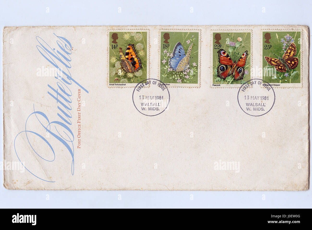 Enveloppe premier jour de papillons question cachet, timbres, Birmingham, West Midlands, England, United Kingdom, Royaume-Uni Banque D'Images