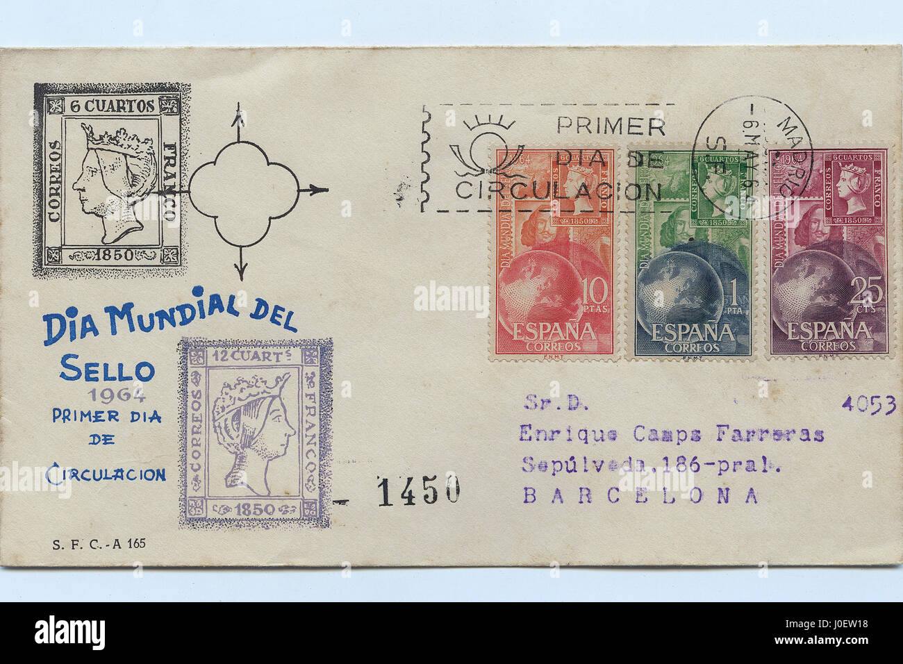 Enveloppe premier jour de timbres de l'Espagne 1964 Banque D'Images