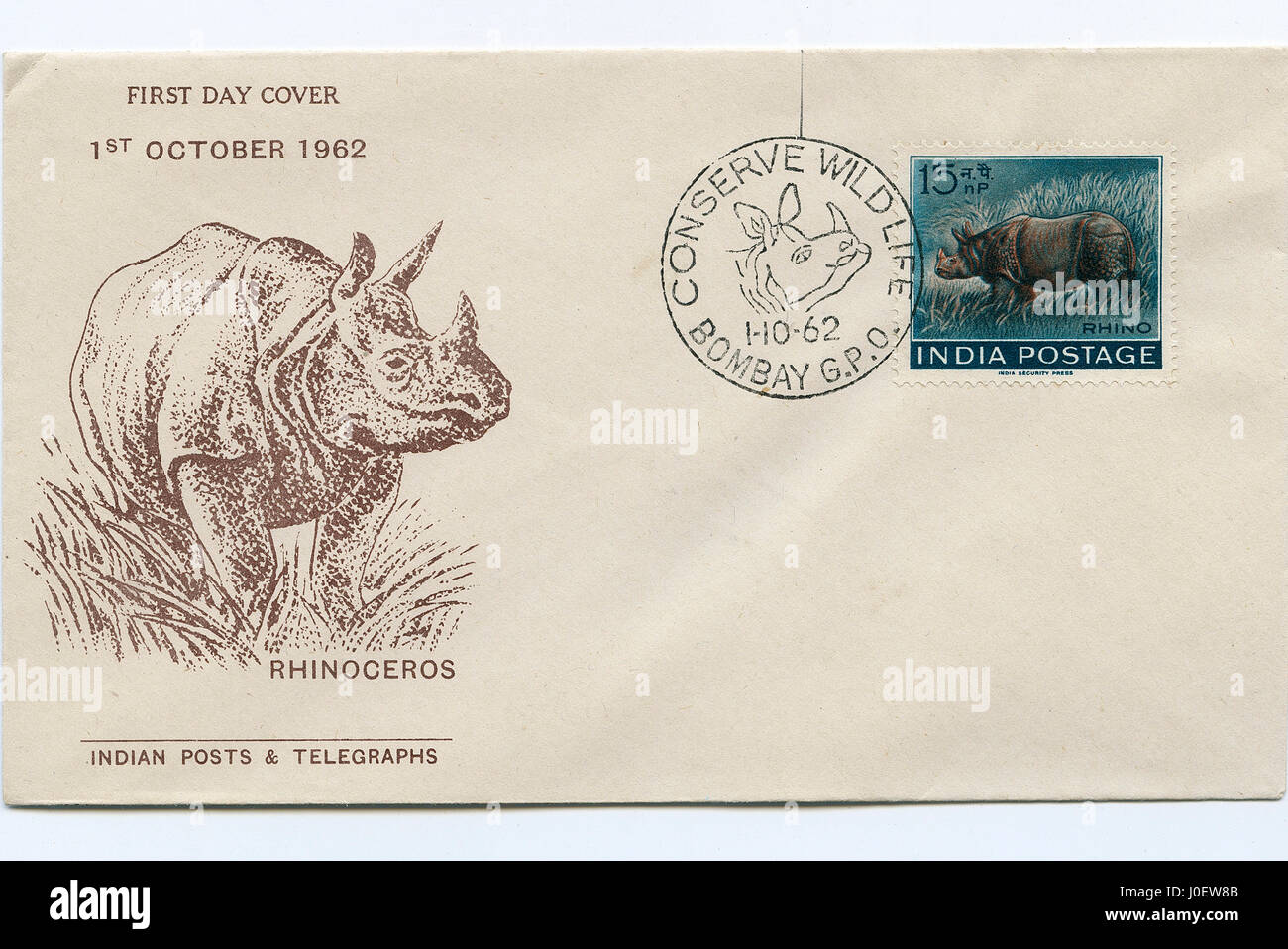 Enveloppe premier jour de conserver la faune rhinocéros, Inde, Asie Banque D'Images