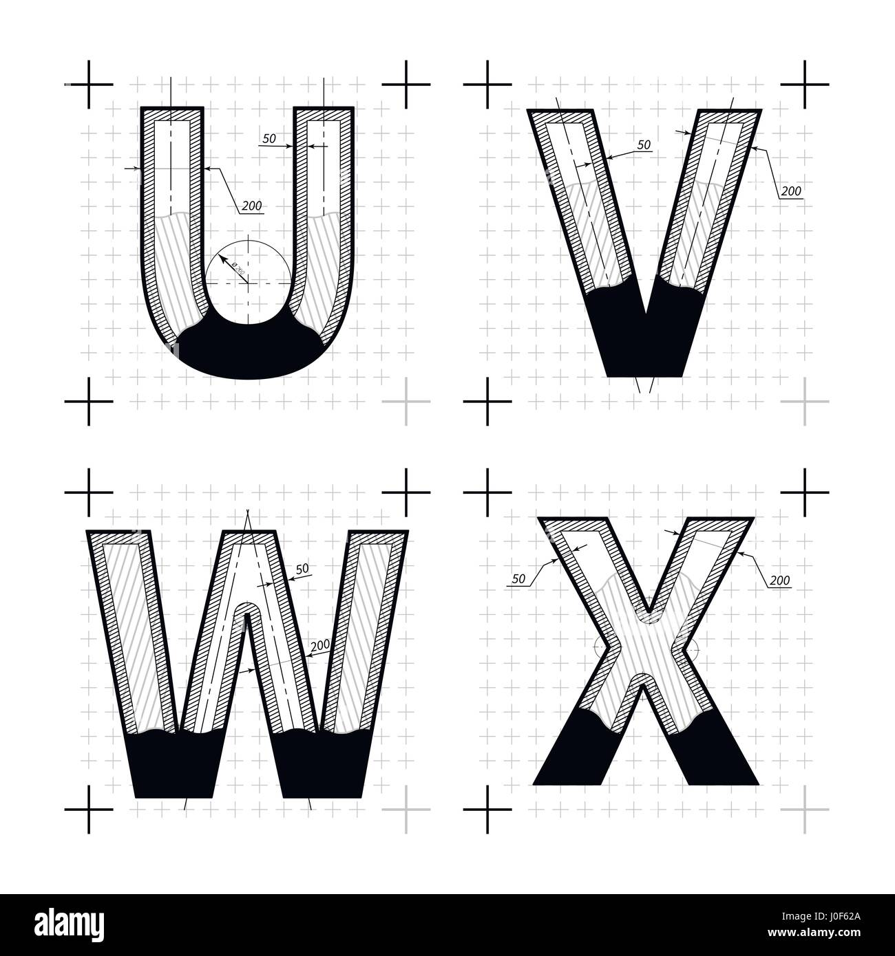 Croquis d'architecture de U V W X lettres. Style plan police sur blanc. Illustration de Vecteur