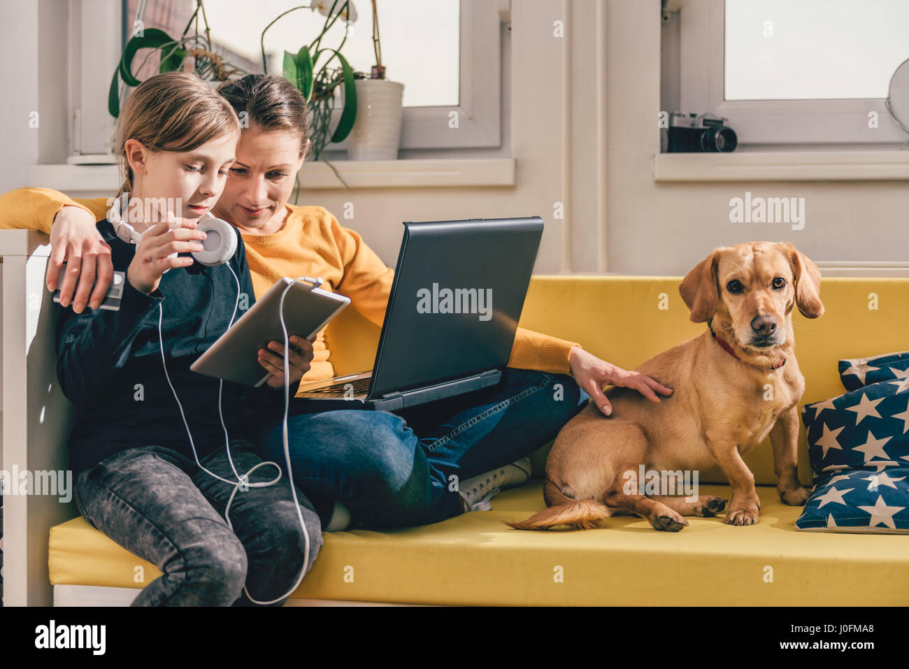 La mère et la fille assis sur un canapé jaune avec petit chien jaune et à l'aide d'ordinateur portable et tablette Banque D'Images La mère et la fille assis sur un canapé jaune avec petit chien jaune et à l'aide d'ordinateur portable et tablette Banque D'Images