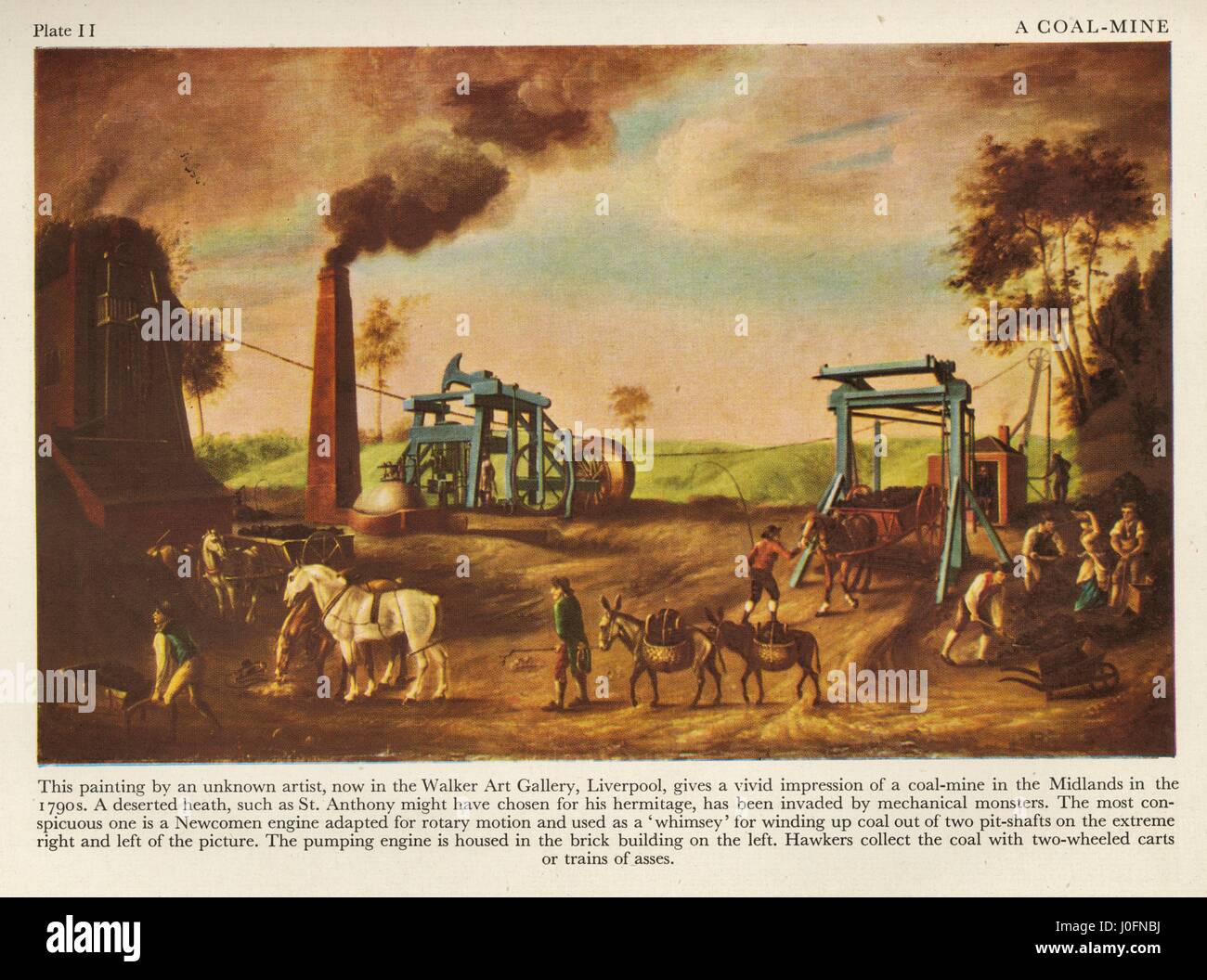 Mine de charbon dans la région des Midlands dans les années 1790 avec un moteur Newcomen adapté pour mouvement rotatif Banque D'Images
