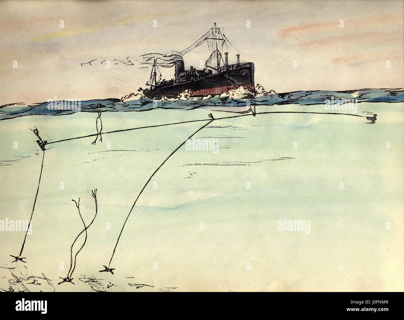 Navire équipé de Vickers type 'M' bow paravane protecteurs, 1920 Banque D'Images