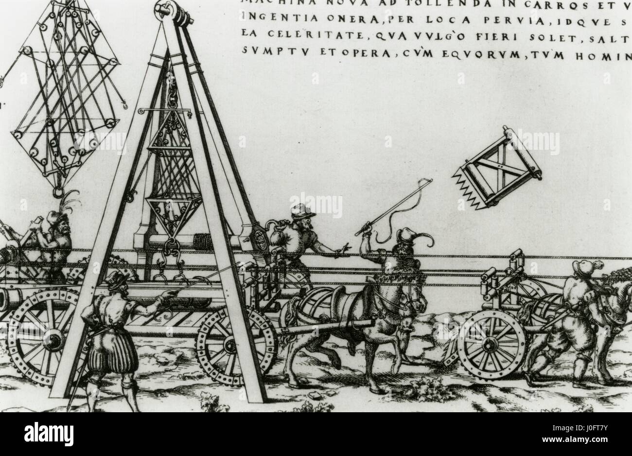 Un affût de canon tiré par des chevaux et système de poulies, d'un livre la gravure de la plaque Banque D'Images