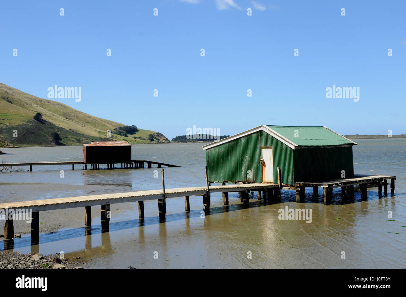 La pêche de loisirs, d'hangars à Hoopers une baie abritée près de Portobello, une petite communauté près de Dunedin, île du Sud, Nouvelle-Zélande. Banque D'Images