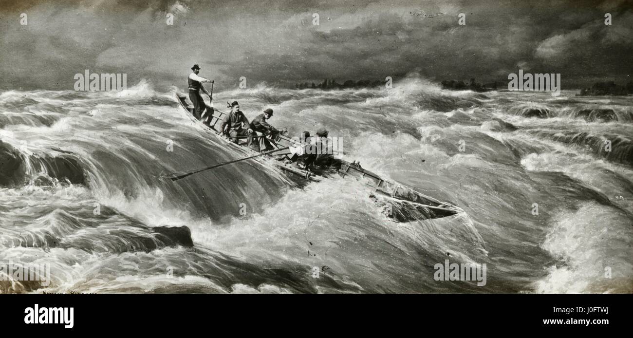 Peinture de 5 hommes sur une barque dans la tempête Banque D'Images
