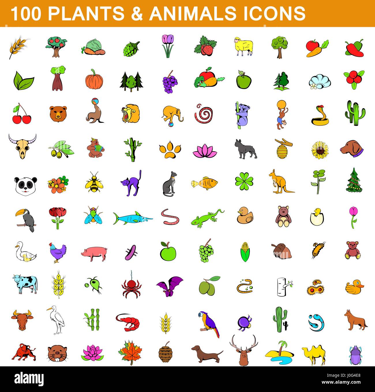 100 plantes et animaux icons set, cartoon style Illustration de Vecteur
